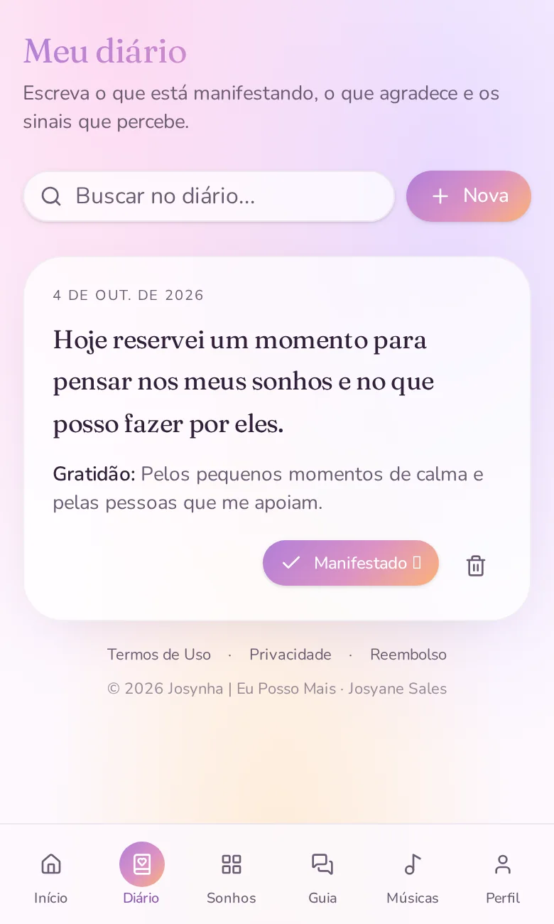 Tela real do diário do Josynha com uma anotação de exemplo
